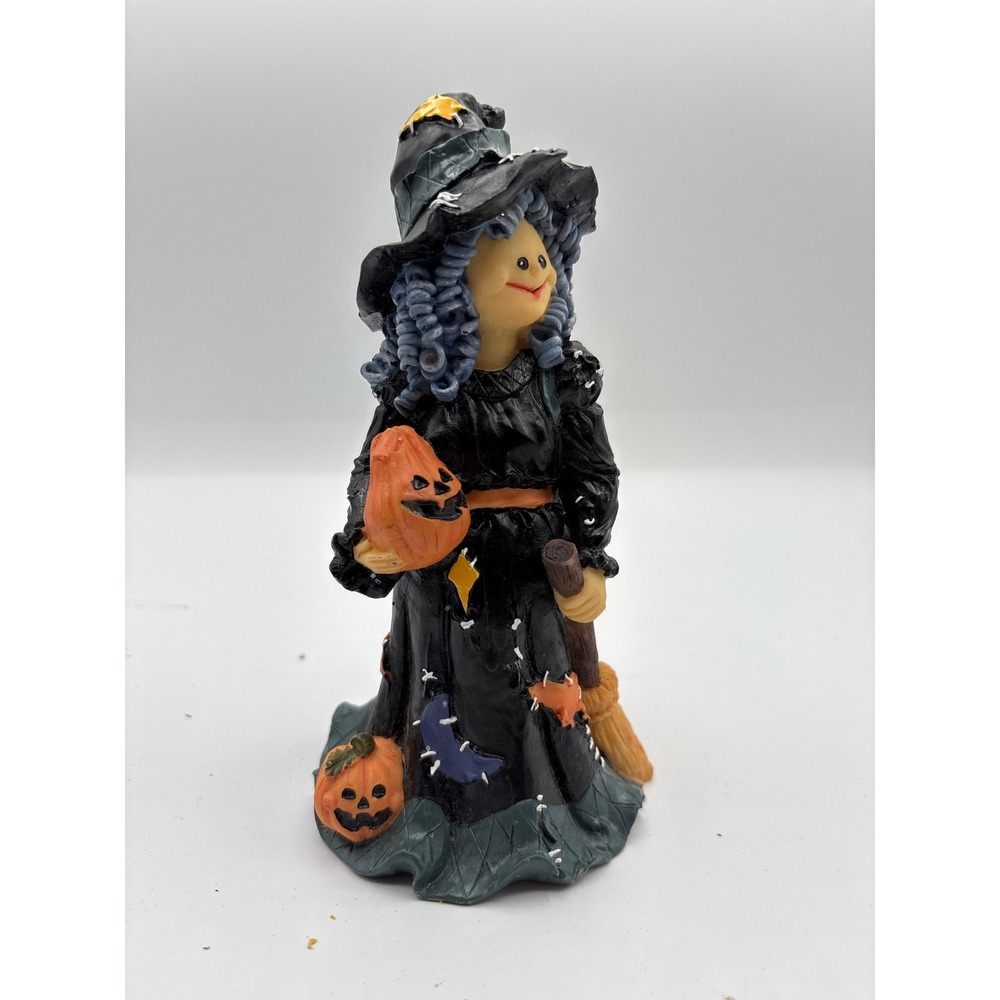 Halloween Witch Figurine Holding Pumpkin Statue Broom Decor